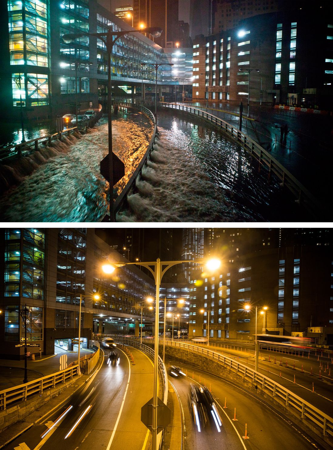 [Top] Rising water caused by Superstorm Sandy rushes into the Carey Tunnel (previously known as the Brooklyn Battery Tunnel) October 29, 2012 in New York City. [Bottom] Cars use the Carey Tunnel October 22, 2013 in New York City.
